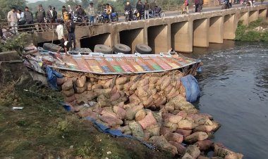 पुल की रेलिंग तोड़ आलू की बोरियों से भरा ट्रक नाले में गिरा, ड्राइवर -क्लीनर ने कूदकर बचाई जान